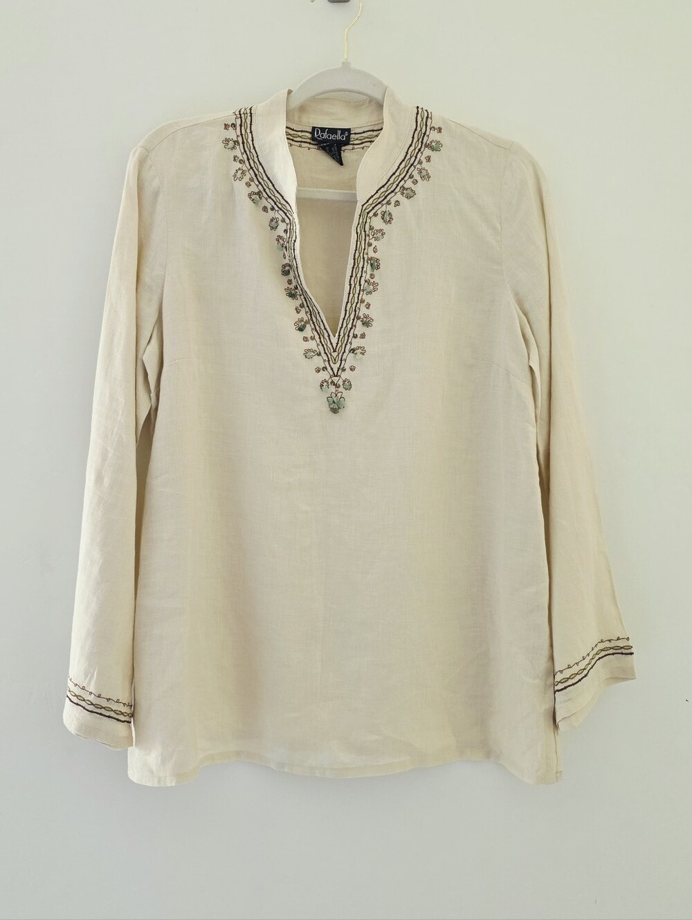 Rafaella Beige V-Neck Beaded Long Sleeves 100% Linen Tunic Blouse Women's Size 8